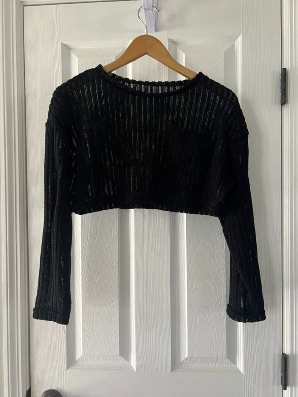 Shein Black Sheer Knit Crop Top Womens Small Long Sleeve Crochet Style
